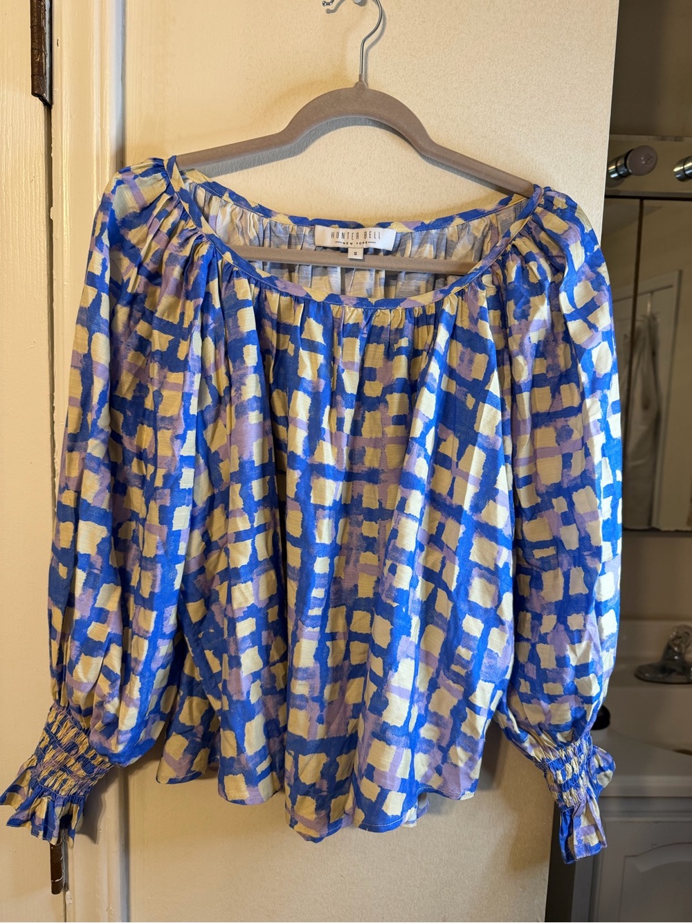 HUNTER BELL Blue and Cream Abstract Balloon-Sleeve Blouse